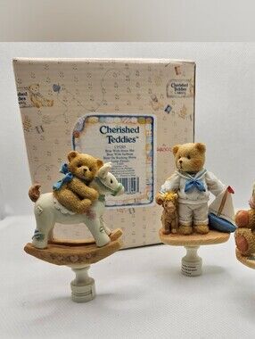 New 3 1994 Cherished Teddies Lamp Finials Sailor Rocking Horse Girl Figurine set